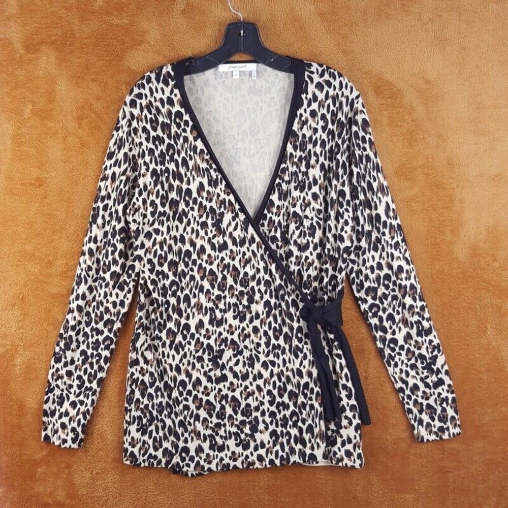 FOXCROFT Womens Sweater Medium Brown Leopard Wrap Surplice Knit Cheetah